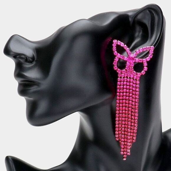 Ombre Butterfly Pink Rhinestone Fringe Earrings - Picture 1 of 6